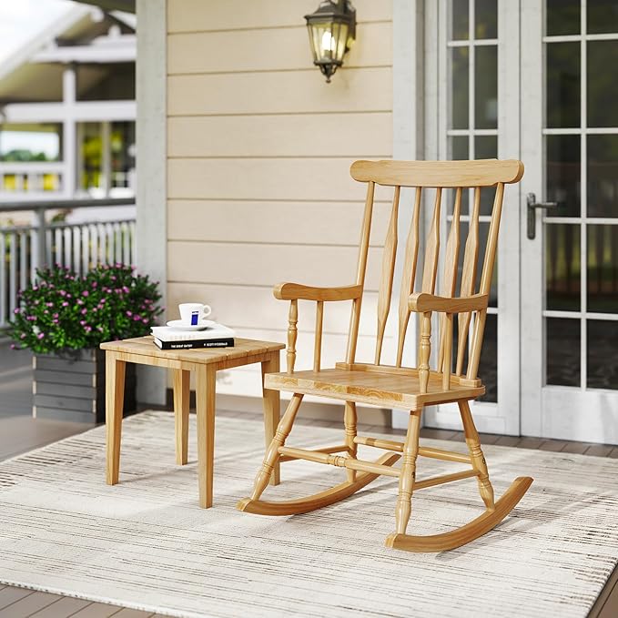 Giantex Outdoor Wood Rocking Chairs Set of 2, Patio Rocking Chair w/Rubber Wood Frame, Slat Back, Outside & Indoor Rocker for Garden, Poolside, Balcony, Backyard, Lawn, Front Porch Rocker, Natural