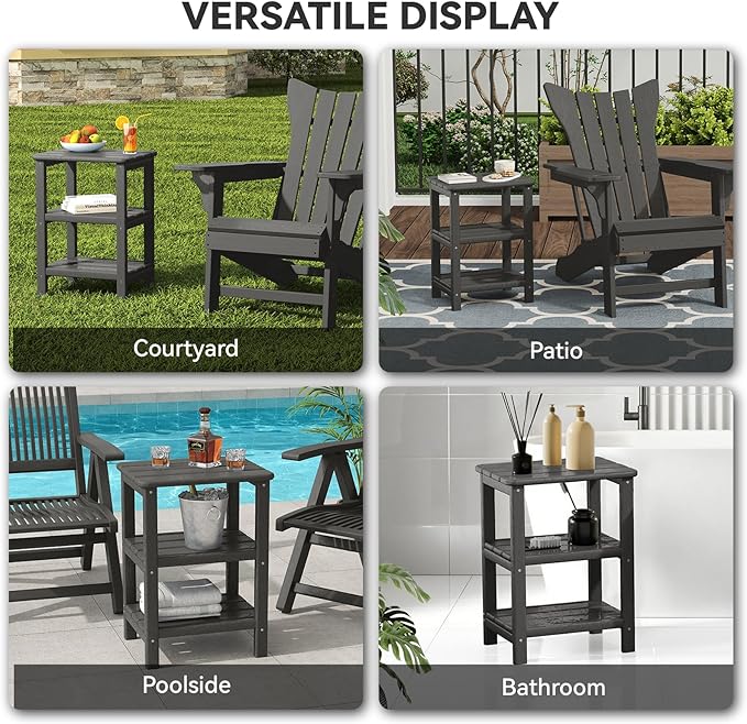 3 Tier Outdoor Side Table Adirondack Side Table HDPE End Table Patio Side Table Rectangle Tables for Outdoor Backyard Garden Balcony (Retro, Grey)