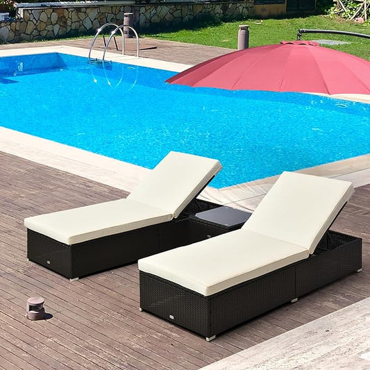 Outsunny Chaise Lounge Chair Set of 2 with 5 Angle Backrest, Outdoor Coffee Table, Water Repellent Cushions, PE Rattan Wicker Poolside Chairs, 3-Piece Pool Furniture Set, Dark Brown/Cream White