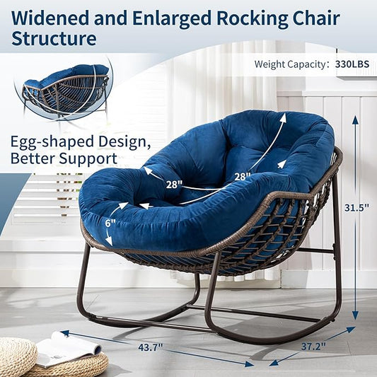 HOMEFUN Outdoor Patio Rocking Chairs, Oversized Papasan Rock Chair Indoor with Velvet Padded Cushion - Rocker Egg for Front Porch, Garden, Backyard Navy
