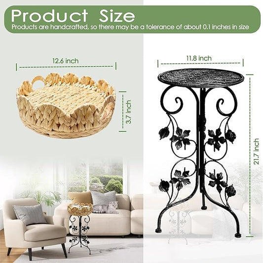 Outdoor Metal Patio Folding Side Table with Removable Wicker Tray, Boho Woven Rattan Plant Stand, Small Round Coffee end Table (Water Hyacinth, Black)