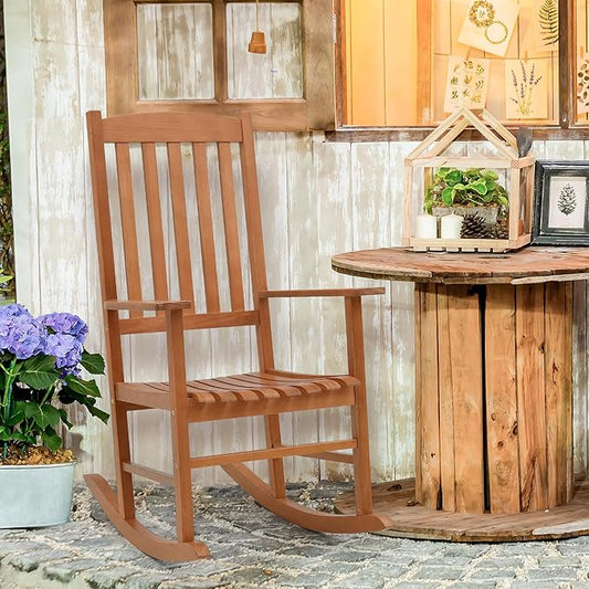 Giantex Wood Outdoor Rocking Chair - Eucalyptus Rocker Chair with Stable & Safe Rocking Base, High Backrest, Slatted Patio Rocker for Garden, Poolside, Courtyard Outdoor Rockers, Porch Rocker (1)