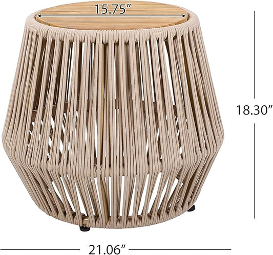 Merax Bohemian Round Outdoor Side Table with Acacia Wood Top and Beige Handwoven Rope Base, Boho Patio Coffee Table for Garden, Pool, Deck, Balcony, Yard