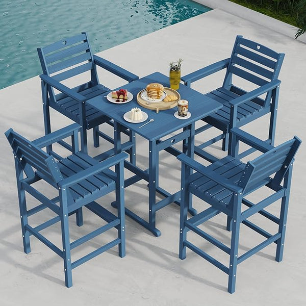 5-Piece Bar Height Outdoor Table and Chairs Set, HDPE Wood Grain Patio Bar Table and Chairs with Heart Cutout Design - Photo 1