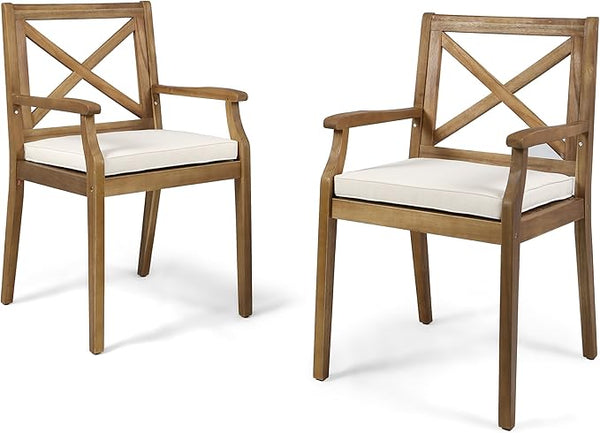 Christopher Knight Home Peter | Outdoor Acacia Wood Dining Chair Set of 2, Teak/Cream Cushion - Photo 1