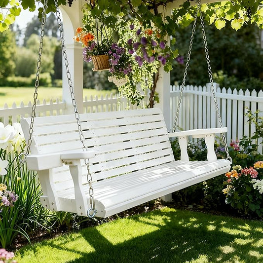 Wooden Porch Swing 3-Seater, High Backrest and Deep Seat, Bench Swing with Cupholders, Hanging Chains and 7mm Springs, Heavy Duty 880 LBS, for Outdoor Patio Garden (Pure White, 5 FT Extra Large)