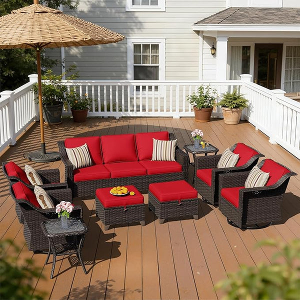 9 Pieces Patio Conversation Furniture Set - 1 Sofa, 2 Ottomans, 4 Swivel Chairs, 2 Side Tables - Photo 1