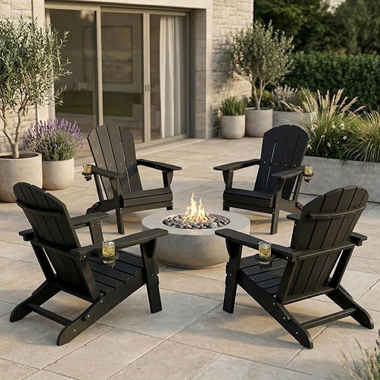 Kingdura Folding Adirondack Chairs Set of 4, Portable HDPE Outdoor Patio Chair with Wooden Textured & Cup Holder, All Weather Resistant, 380LBS Capacity for Pool, Backyard, Balcony, Fire Pit (Black)