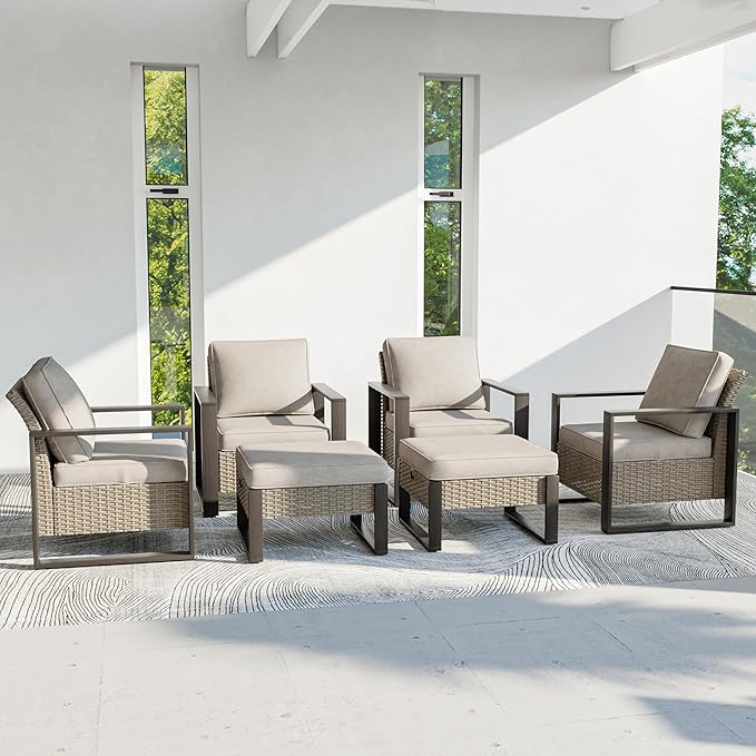 Outdoor Patio Furniture Set, 6 Piece Wicker Patio Conversation with Deep Seating, Thicken Cushions, Outdoor Club Chair, Metal Outdoor Furniture for Deck, Porch, Yard Use (Beige, 6 PCS/Chairs)
