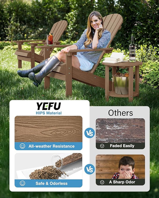 YEFU 3-Piece Adirondack Chair and Table Set: Outdoor Lounge Furniture Set - Outdoor Chair Plastic Weather Resistant with Wide Armrests for Patio Lawn Pool Porch Garden(Teak
