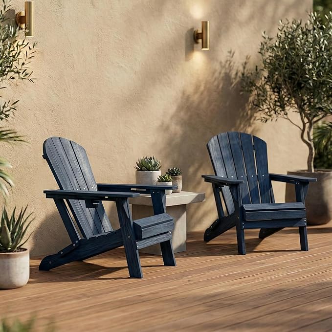 Kingdura Folding Adirondack Chairs Set of 2, Portable HDPE Outdoor Patio Chair with Wooden Textured & Cup Holder, Weather Resistant, 380LBS Capacity for Pool, Backyard, Balcony, Fire Pit (Navy Blue)