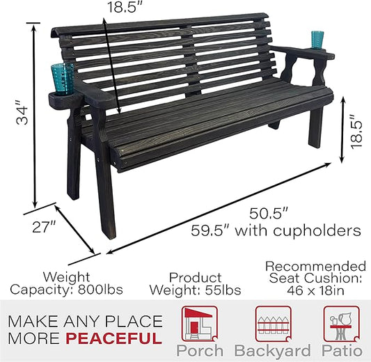 Amish Casual Heavy Duty Pressure Treated 4 Foot Outdoor Garden Bench with Cup Holders - Amish Crafted Roll Back Design in Black Stain, 700 Lb Weight Capacity