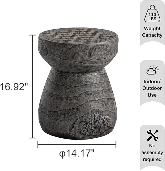 HOMPUS Outdoor Side Table with Checkerboard Grain Tabletop, Concrete Patio Table Mushroom Shaped, MgO Lightweight Round End Table Modern Vintage Round Coffee Table for Indoor Outdoor Use, Grey