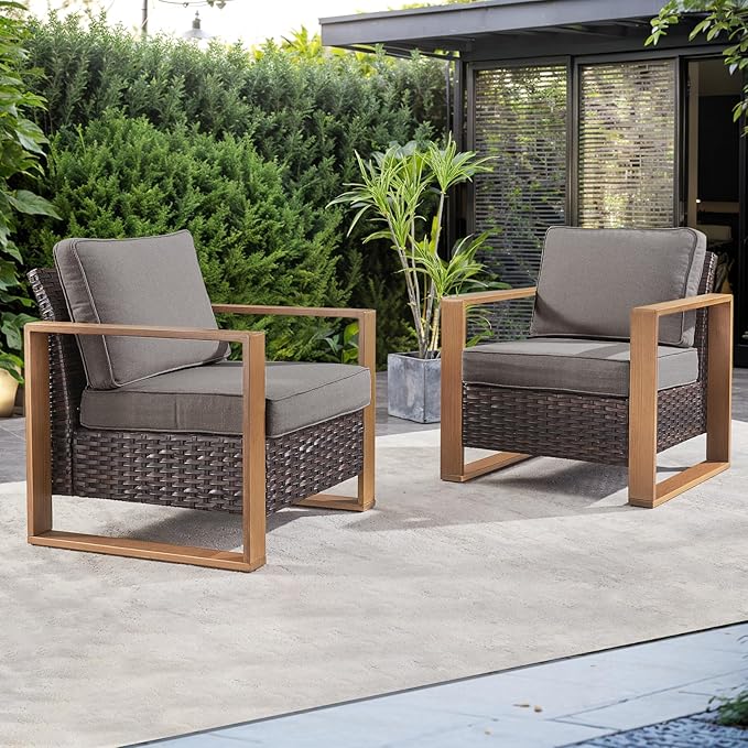 Rilyson Wicker Outdoor Patio Chairs Set of 2, Rattan Patio Furniture Chairs with Sturdy Frame,All-Weather PE Wicker,Wide Armrest,Deep Seating and Thick Cushions for Deck Porch Garden(Brown/Grey)