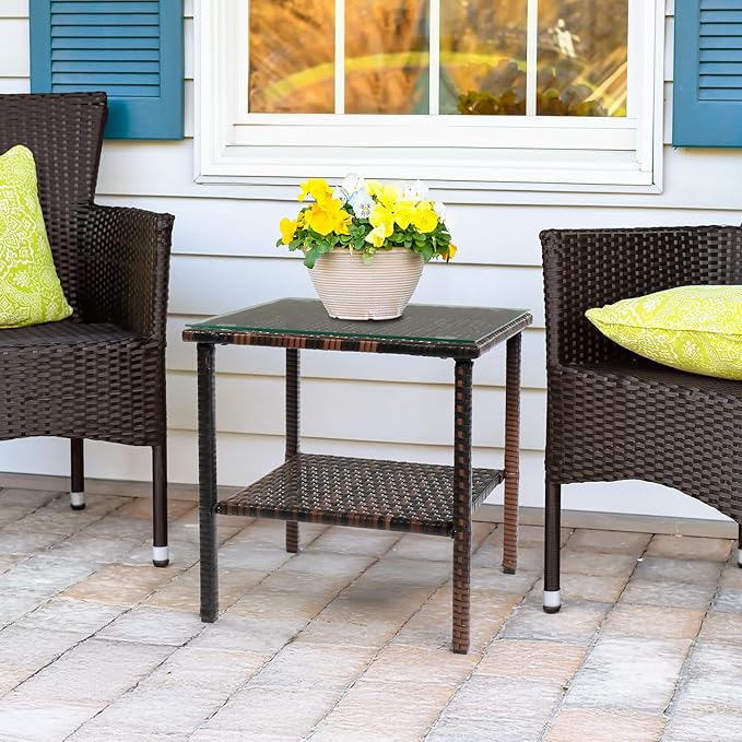 VINGLI Outdoor Wicker Side Table Patio Side Tables for Outside, Tempered Glass Top Wicker Table with Storage End Table for Patio Balcony Porch Deck (Brown)