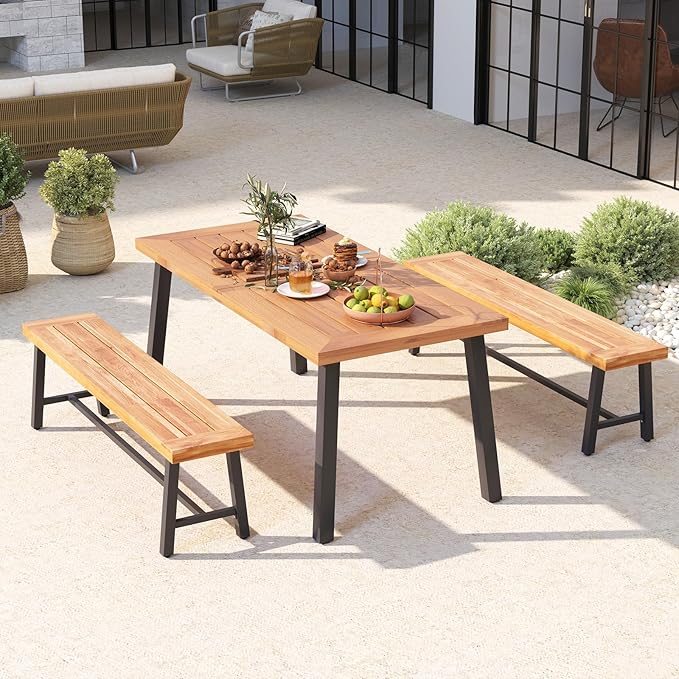 Tangkula 63 Inches Acacia Wood Outdoor Bench, 3-Person Patio Bench with 800 lbs Weight Capacity, Outdoor Backless Bench with Heavy-Duty Metal Frame for Garden, Porch and Backyard (1)