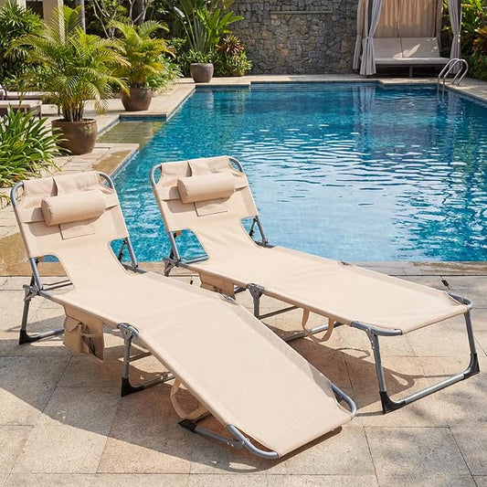Giantex Face Down Tanning Chair, Folding Beach Lounge Chair w/ 4-Position Adjustable Backrest, Outdoor Sunbathing Lounge Chair w/Face Arm Holes & Storage Pocket for Patio Deck Poolside (2, Sand)