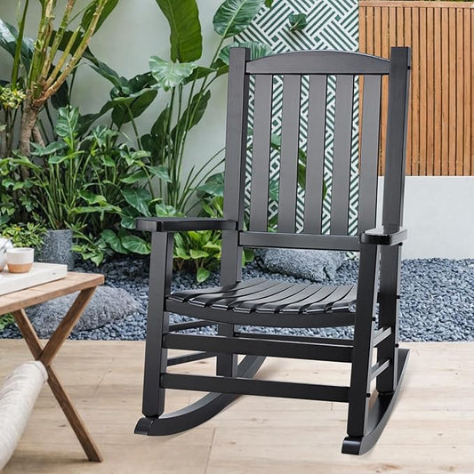 Wooden Outdoor Rocking Chair, Oversized Patio Rocking Chair w/400lbs Support & High Backrest | Porch, Lawn, Garden, Backyard,Black