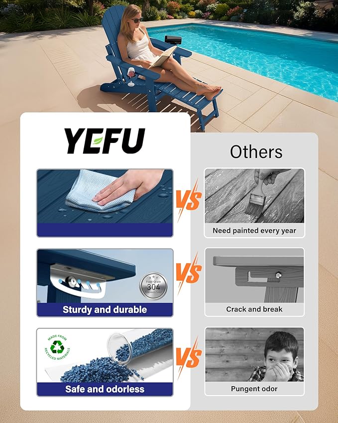 YEFU Adjustable Adirondack Chair with Retractable Ottoman Set of 8,Folding Adirondack Chair with 2 Cup-Holders, Outdoor Chairs with Footrest,Weather Resistant Fire Pit Chairs,for Patio Lawn(Navy)
