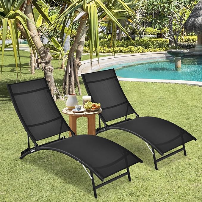 Giantex Outdoor Chaise Lounge Set of 2, Foldable Pool Lounge Chairs with 5-Position Adjustable Backrest, Quick-Drying Fabric, Patio Lounger for Backyard, Beach, Lawn, Sunbathing Recliner, Black