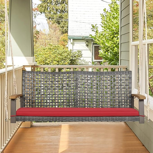 Tangkula 2-Person Outdoor Porch Swing with 118" Hanging Ropes, Patiojoy PE Wicker Patio Hanging Swing Bench with Soft Seat Cushion & 800 Lbs Weight Capacity, Suitable for Patio, Garden (Red)