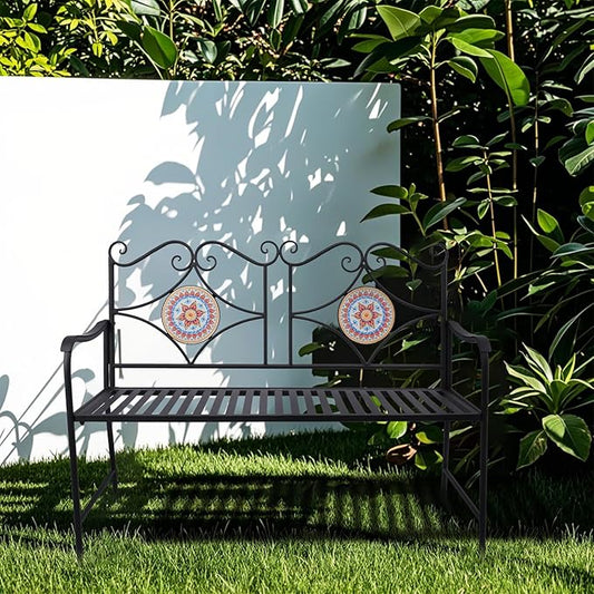 Vipush Outdoor Mosaic Benches - 47Inch Cast Iron Steel Frame Garden Bench Patio Furniture Chair Outdoor Bench Floral Design Backrest, Slatted Seat for Park, Yard & Porch