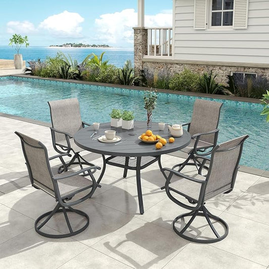 VICLLAX 40.6" Round Metal Outdoor Dining Table for 4, Patio Table with Umbrella Hole and Storage Shelf for Garden, Lawn, Deck, Grey