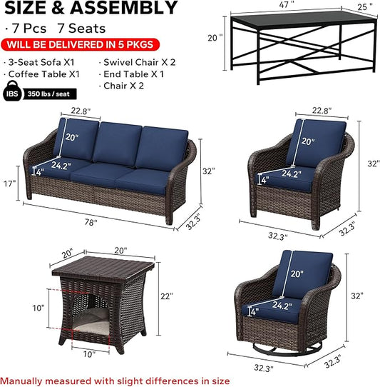 7 Pieces Patio Conversation Set, 78" Wicker 3-Seat Couch with Washable Cushions, 2 Glider Swivel Rocker Chairs, 2 Armchairs, Metal Table, Rattan Cat Bed End Table for Lawn (Navy Blue)