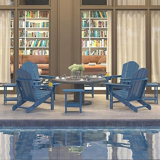 Outdoor Furniture 3 Piece Folding Adirondack Chairs Set of 2 and Patio Table,Plastic Patio Firepit Chair with Cup Holder& High Backrest, Adirondack Chair for Outdoor, Patio, Garden, Beach(Navy Blue-3)