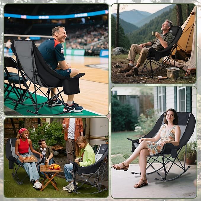 ABORON Oversized Rocking Camping Chair for Adults, Fully Padded Folding Outdoor Lawn Chair with Cooler Bag & Side Pocket, Portable Recliner Chair for Camp, Patio, Backyard, Supports 400 lbs