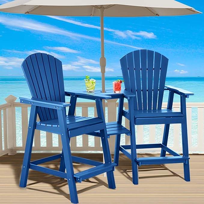 Tall Adirondack Chairs Set of 2, HDPE Balcony Chair with Double Connecting Tray, Weather Resistant Outdoor Adirondack Bar Stools for Patio, Deck, Patio, Backyard, Balcony.(Navy Blue)