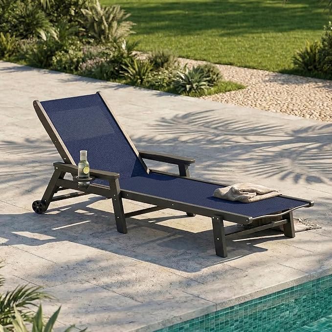 Patio Chaise Lounge Chair with Wheels & Cup Holder, HDPE Textilene Outdoor Lounge Chair 5 Positions Adjustable for Poolside Deck Patio Backyard (4, Grey Frame, Navy Textilene)