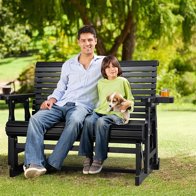 VINGLI Wooden Patio Glider, Heavy Duty 800 LBS Outdoor Glider with Cup Holders, 4 FT Wooden Glider Bench with High Backrest for Garden, Yard, Patio, Black