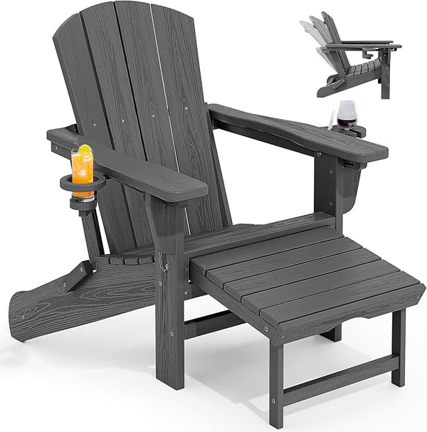 KINGYES Adjustable Folding Adirondack Chairs with Footrest & 2 Cup, HDPE Recliner Adirondack Chair with Ottoman, Grey - Photo 1