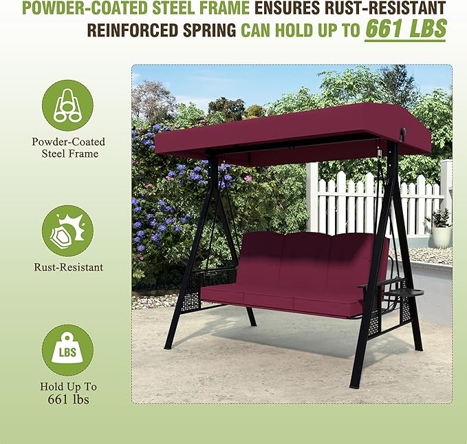 MUPATER Patio Porch Swing Chair with Canopy, 3-Person Outdoor Canopy Swing Glider with Stand, Cushions and Side Table for Outside, 2-in-1 Swing Chair Bench with Cushion for Backyard,Wine Red