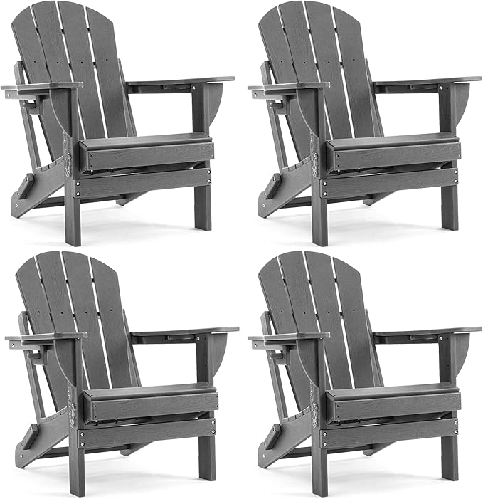 Folding Outdoor Adirondack Chairs Set of 2 with High&Reclining Back-HDPE Weather Resistant Patio Chairs with Cup and Phone Holder for Patio,Fire Pit, Garden and Backyard