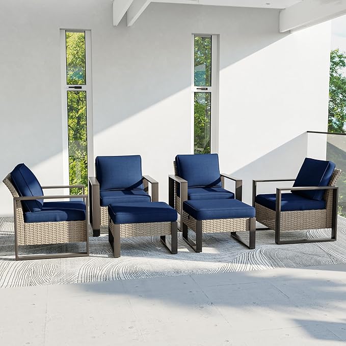 Outdoor Patio Furniture Set, 6 Piece Wicker Patio Conversation with Deep Seating, Thicken Cushions, Outdoor Club Chair, Metal Outdoor Furniture for Deck, Porch, Yard Use (Blue, 6 PCS/Chairs)