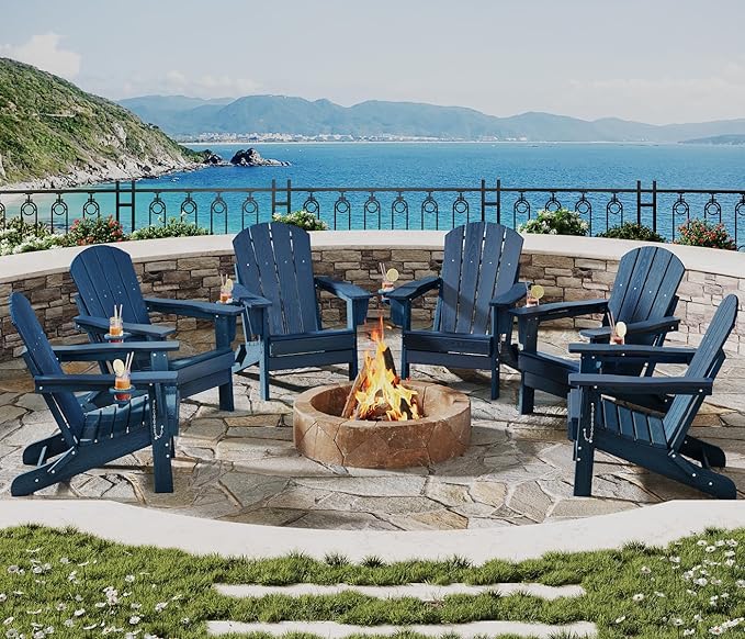 Garvee Folding Adirondack Chair, HDPE Outdoor Patio Chair with Cup Holder, All Weather Resistent Wooden Textured for patios, Decks, Gardens, fire Pit, Navy Blue