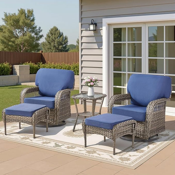 5 Pieces Patio Furniture Set, All Weather Wicker Swivel Rocker Patio Chairs with Ottomans Rattan Side Table - Photo 1