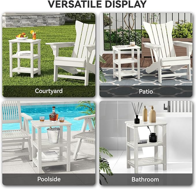 3 Tier Outdoor Side Table Adirondack Side Table HDPE End Table Patio Side Table Rectangle Tables for Outdoor Backyard Garden Balcony (Retro, White)