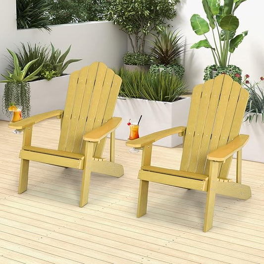 Giantex Outdoor Adirondack Chair - Oversized Patio Chairs w/Hidden Cup Holder, Realistic Wood Grain, 380 LBS Weight Capacity, Weather Resistant Firepit Chairs for Backyard, Garden (2, Yellow)