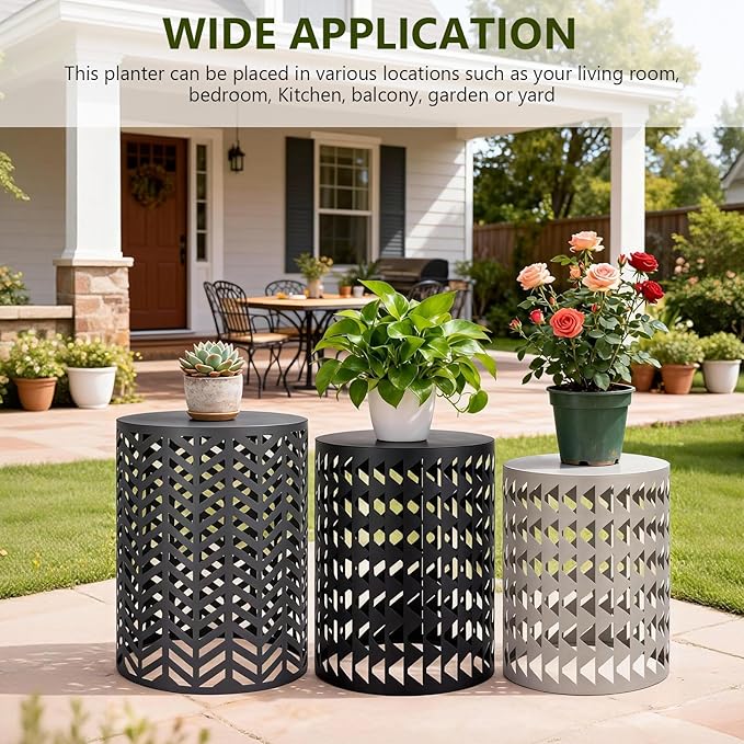 Multifunctional Nesting Round Metal Coffee End Tables, Set of 3 Modern Furniture Nightstands Decor Side Tables Plant Stand for Home Office Indoor Garden Outdoor Black & Gray