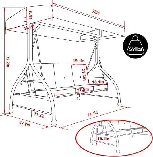 MUPATER 2-in-1 Patio Porch Swing Chair, 3-Seat Outdoor Canopy Swing Glider with Stand and Cushions for Backyard, Deck and Poolside, Wine Red