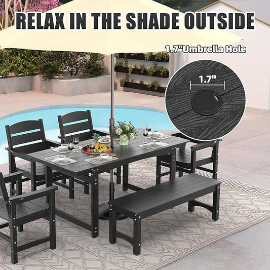 67" Outdoor Dining Table with Umbrella Hole, HIPS All-Weather Rectangular Patio Table for Outdoor/Indoor Use, Black