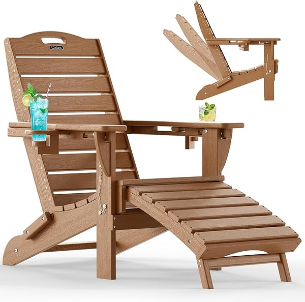 Ciokea Folding Adirondack Chair with Retractable Ottoman Fire Pit Patio Chair with Pull Out Foot Rest Weather Resistant - Photo 1