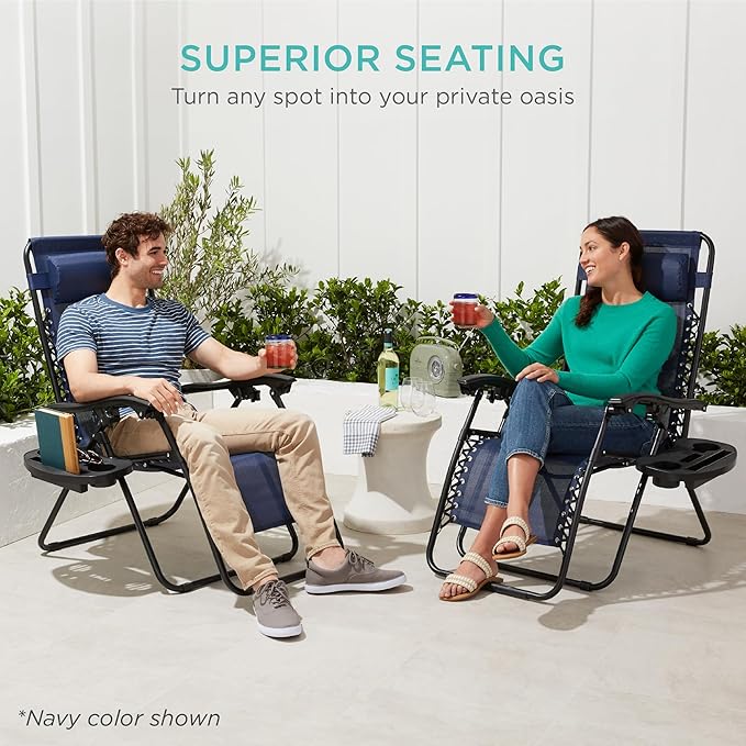 Best Choice Products Set of 2 Adjustable Steel Mesh Zero Gravity Lounge Chair Recliners w/Pillows and Cup Holder Trays - Dusty Green/Black