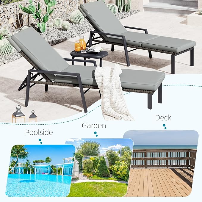 AECOJOY Chaise Lounge Chairs for Outside Set of 2, Adjustable Wicker PE Rattan Patio Pool Recliner Chair with Removable Cushion for Beach, Patio, Poolside, Lawn, Black Rattan&Dark Grey Cuchion