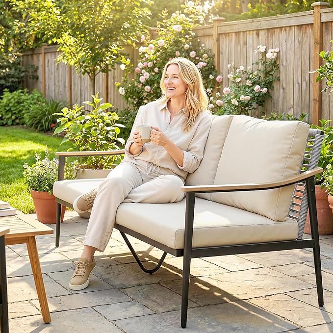 Outsunny Outdoor Patio Couch, 3 Seater Outdoor Sofa with Wood-Effect Armrests and Wicker Backrest, Outdoor Patio Furniture Couch with Cushions, Steel Frame for Porch, Garden, Backyard, Khaki | Removable covers