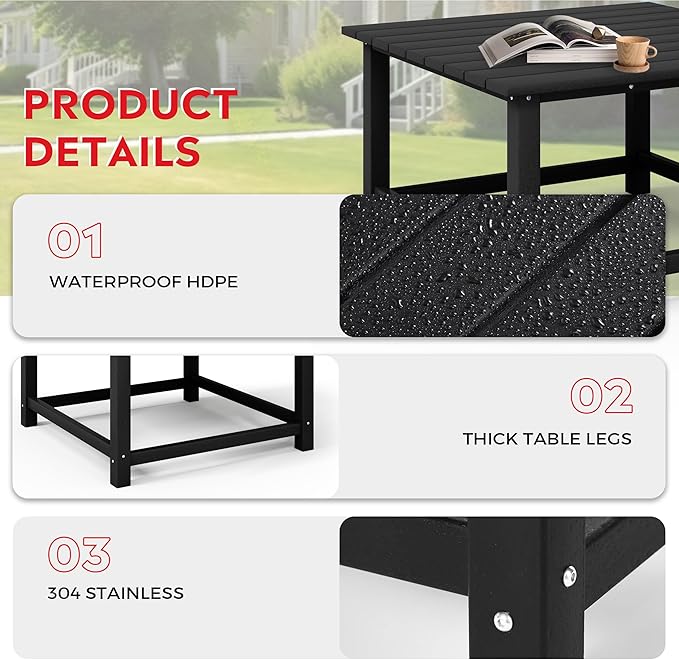 Costaelm Patio Conversation Table, Tatio Accent HDPE Outdoor Weather Resistant, Square Outdoor Porch Balcony Patio Drink Table for Outside, Pool, Backyard, Black