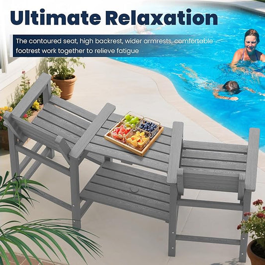 PLUUV Tall Adirondack Chairs Set of 2, All Weather HDPE Poly Bar Height Balcony Adirondack Chair with Removable Double Connecting Trays, Outdoor Adirondack Barstools for Deck, Patio, Yard, Pool, Lawn